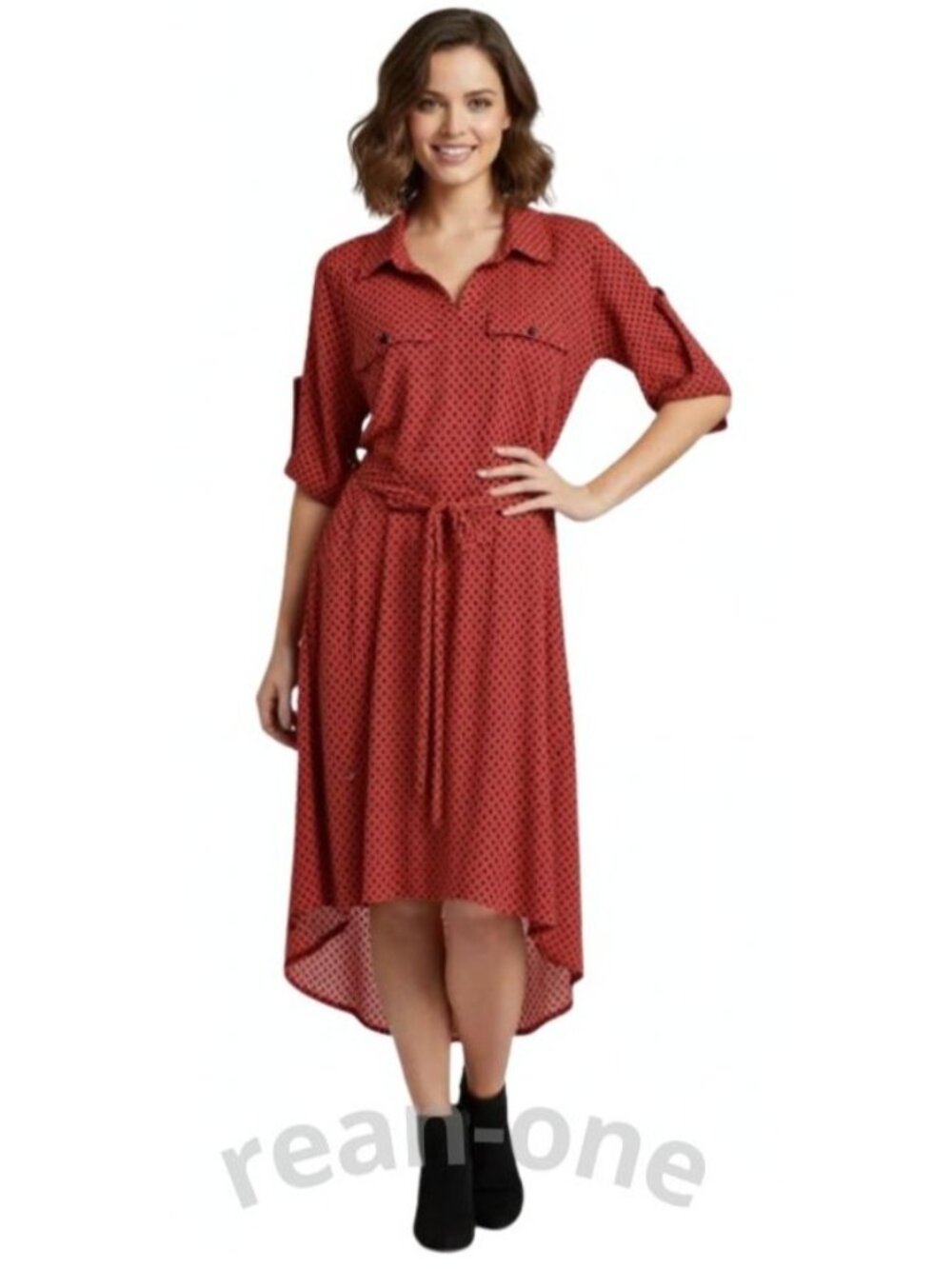 Enfocus Studio Women's Red Black Polka Dot High-Low Hem Shirt Dress Size 8